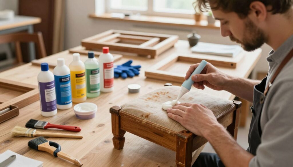 A well-organized workshop setting for furniture restoration, showcasing a variety of professional restoration products placed on a wooden workbench. In the foreground, focus on a hands-on demonstration with a skilled artisan in professional attire, gently applying a restoration cream to a vintage wooden chair with visible stains. The artisan is concentrated, embodying an atmosphere of expertise and care. The middle ground features various tools like brushes, cloths, and protective gloves surrounded by wooden furniture pieces undergoing renewal, emphasizing attention to detail. The background is softly lit with warm natural light streaming through a window, creating an inviting and professional ambience. Ensure the image captures a realistic texture of wood and cream, enhancing the concept of effective restoration without damaging surfaces.