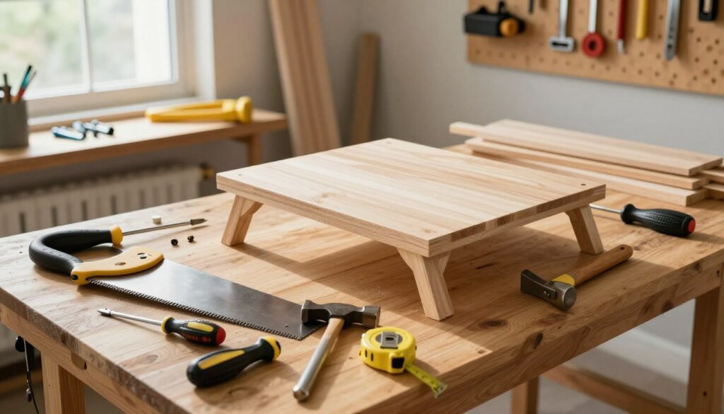 A well-organized workspace featuring essential tools and materials for constructing a folding table. In the foreground, a sturdy wooden workbench is scattered with hand tools such as a saw, hammer, screwdrivers, and measuring tape, all arranged neatly. In the middle ground, pieces of wood, brackets, and fasteners are visible, indicating the beginnings of a table project. The background includes a pegboard displaying additional tools, with natural light coming from a nearby window that casts soft shadows, creating an inviting atmosphere. The scene conveys a practical and focused mood, emphasizing both creativity and craftsmanship in DIY furniture assembly. The angle is slightly elevated, providing a comprehensive view of the workspace without distractions.