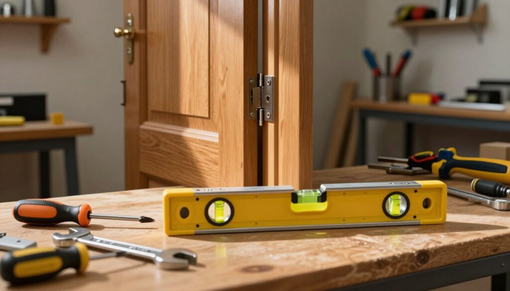 A well-organized workspace featuring essential tools for door adjustment. In the foreground, prominently display a level tool, a screwdriver, and a wrench on a wooden workbench, glistening with the soft reflection of overhead lights. In the middle ground, include a slightly ajar wooden door showcasing adjustment screws on its hinges, with subtle light streaming in, creating an inviting, yet focused atmosphere. In the background, soft shadows play across a tool rack with various other tools and hardware, hinting at a busy, efficient workshop environment. Use warm, balanced lighting to evoke a sense of professionalism and readiness, capturing the essence of DIY home improvement. The overall mood should be engaging and informative, encouraging readers to learn about door adjustments.