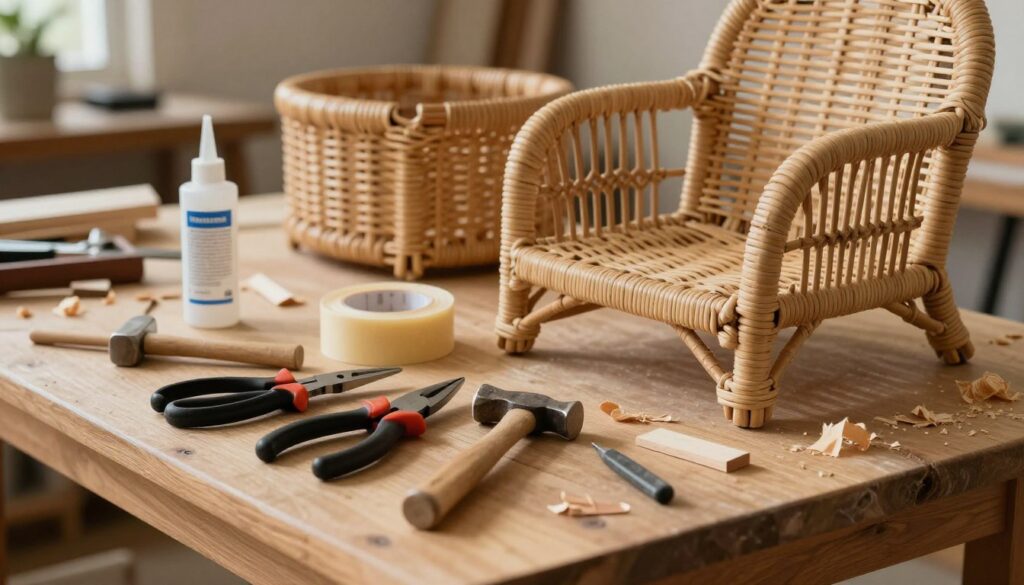 A well-organized workspace featuring essential tools for rattan furniture restoration. In the foreground, place a sturdy workbench with various tools: pliers, scissors, a small hammer, rattan repair tape, and wood glue, all neatly arranged. In the middle, showcase partially restored rattan chairs with visible weaving techniques, highlighting the intricate details of the rattan material. The background should have a softly lit environment, suggesting a cozy workshop, with wood shavings and cloth scraps scattered about. Use warm, natural lighting to create an inviting and focused atmosphere. The lens should capture a close-up perspective to emphasize the tools and restoration process, contributing to a sense of craftsmanship and dedicated effort in restoring rattan furniture.