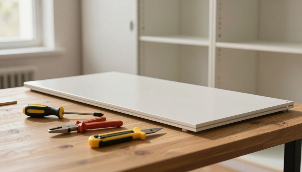 A well-organized workspace for dismantling sliding wardrobe doors, featuring essential tools like a screwdriver, pliers, and a utility knife neatly arranged on a wooden table. In the foreground, focus on the tools with soft shadows and a slight sheen that captures the ambient lighting of the room. The middle of the image shows a partially disassembled sliding door, laying against a clean wall with storage compartments in the background. Natural light filters in through a nearby window, casting a warm glow and creating a calm, focused atmosphere. The scene is devoid of any clutter, emphasizing a sense of readiness and professionalism, with no people present but the setting suggesting meticulous preparation for a DIY project. A well-organized workspace for dismantling sliding wardrobe doors, featuring essential tools like a screwdriver, pliers, and a utility knife neatly arranged on a wooden table. In the foreground, focus on the tools with soft shadows and a slight sheen that captures the ambient lighting of the room. The middle of the image shows a partially disassembled sliding door, laying against a clean wall with storage compartments in the background. Natural light filters in through a nearby window, casting a warm glow and creating a calm, focused atmosphere. The scene is devoid of any clutter, emphasizing a sense of readiness and professionalism, with no people present but the setting suggesting meticulous preparation for a DIY project.
