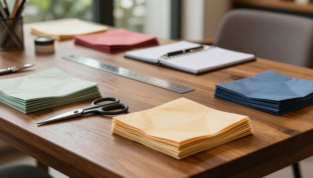 A well-organized workspace prepared for napkin folding, featuring an elegant wooden table with a polished surface. In the foreground, neatly stacked colorful paper napkins in various shades, alongside folding tools like scissors and a ruler. In the middle, a detailed view of a professional setting with a soft, ambient light highlighting the textures of the napkins and the table. A clean notepad and a pen are placed strategically for taking notes. The background shows blurred greenery through a window, creating a calm and inviting atmosphere. The scene is captured from a slightly elevated angle, conveying a sense of professionalism and creativity, suitable for an elegant dining setup. The lighting is warm and soft, evoking inspiration and focus.
