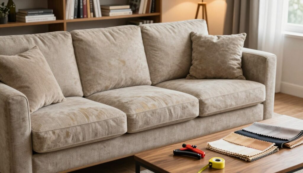 A well-worn yet elegant sofa in a cozy living room setting, showcasing the key elements influencing upholstery costs. In the foreground, focus on the textured fabric of the sofa, highlighting areas that show wear and the potential for restoration. The middle ground includes tools commonly used for upholstery, such as a staple gun, fabric swatches, and measuring tape, neatly arranged on a wooden coffee table. In the background, softly lit by warm ambient light, a stylish bookshelf filled with design books and fabric samples creates an inviting atmosphere. The scene conveys a balance between practicality and aesthetics, reflecting on the decision-making process regarding sofa renovation. Use a slightly elevated angle for a comprehensive view of the details, ensuring the room feels inviting and professional. A well-worn yet elegant sofa in a cozy living room setting, showcasing the key elements influencing upholstery costs. In the foreground, focus on the textured fabric of the sofa, highlighting areas that show wear and the potential for restoration. The middle ground includes tools commonly used for upholstery, such as a staple gun, fabric swatches, and measuring tape, neatly arranged on a wooden coffee table. In the background, softly lit by warm ambient light, a stylish bookshelf filled with design books and fabric samples creates an inviting atmosphere. The scene conveys a balance between practicality and aesthetics, reflecting on the decision-making process regarding sofa renovation. Use a slightly elevated angle for a comprehensive view of the details, ensuring the room feels inviting and professional.