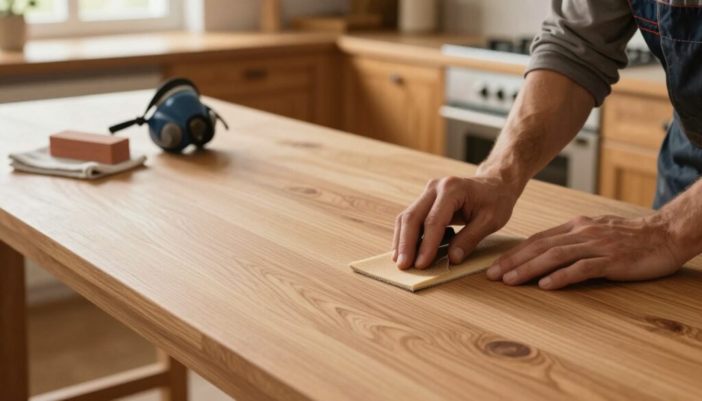 A wooden countertop being prepared for oil treatment, showcasing the process of sanding and cleaning the surface. In the foreground, a person in professional work attire is carefully sanding the oak surface with fine sandpaper, revealing the wood grain. The middle ground features tools like a dust mask, sanding block, and cleaning cloth. Soft, warm lighting floods the scene, creating an inviting atmosphere. In the background, a cozy kitchen setting is visible, with warm wooden cabinets and a window letting in natural light. The angle is slightly elevated, capturing the meticulous detail of the preparation work. The overall mood is focused and industrious, emphasizing the care taken in woodworking. A wooden countertop being prepared for oil treatment, showcasing the process of sanding and cleaning the surface. In the foreground, a person in professional work attire is carefully sanding the oak surface with fine sandpaper, revealing the wood grain. The middle ground features tools like a dust mask, sanding block, and cleaning cloth. Soft, warm lighting floods the scene, creating an inviting atmosphere. In the background, a cozy kitchen setting is visible, with warm wooden cabinets and a window letting in natural light. The angle is slightly elevated, capturing the meticulous detail of the preparation work. The overall mood is focused and industrious, emphasizing the care taken in woodworking.