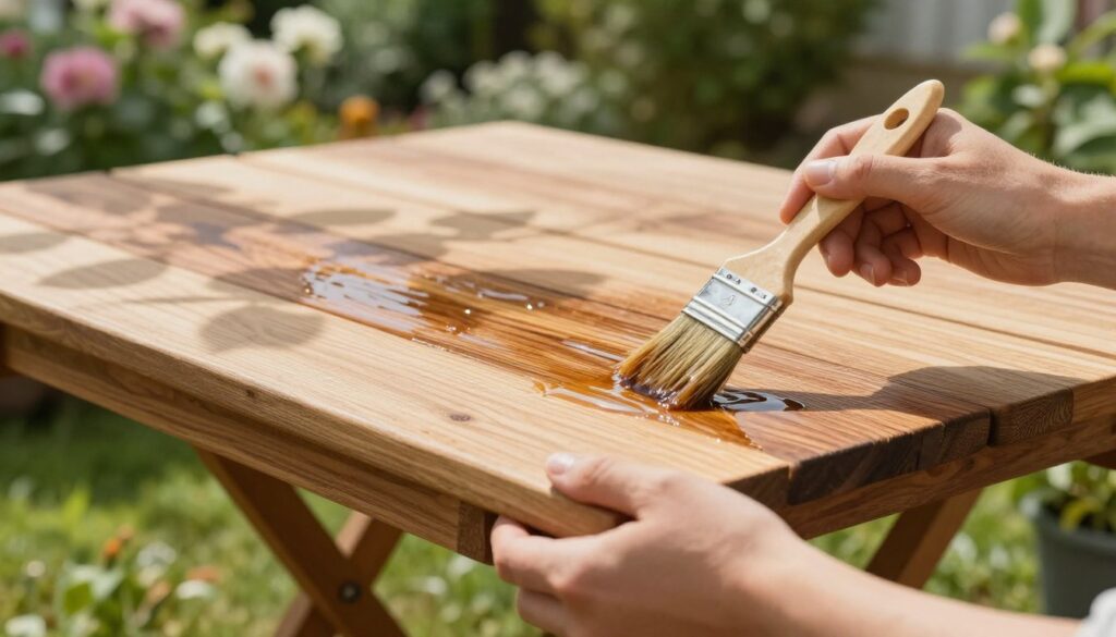 A wooden garden table set against a picturesque backdrop, showcasing a detailed process of wood preservation. In the foreground, a close-up of hands applying a protective wood sealant with a paintbrush, emphasizing texture and action. The middle ground features the table, glistening with moisture from the sealant, demonstrating its rich grain and natural color. Soft sunlight filters through scattered leaves, casting gentle shadows, creating a serene atmosphere. In the background, lush greenery and blooming flowers add freshness and life, enhancing the outdoor setting. The scene embodies a tranquil, fulfilling moment of woodworking protection, ensuring durability and stability against weather elements. The image captures the essence of care and craftsmanship in woodwork, appealing to DIY enthusiasts.