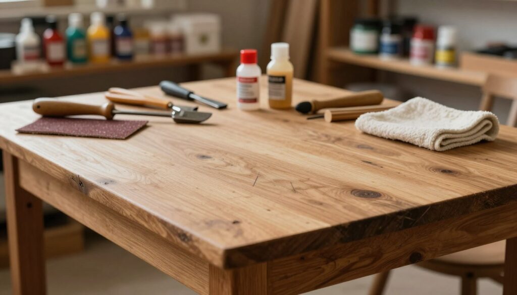 A wooden table showcasing its condition and potential for restoration, placed in a warmly lit workshop atmosphere. In the foreground, the focus is on the table's surface, highlighting scratches, stains, and natural grain patterns under soft diffused lighting. In the middle ground, an assortment of restoration tools such as sandpaper, wood polish, and a soft cloth are artfully arranged, suggesting a careful selection process. The background features shelves lined with various varnishes and paints, enhancing the setting without distraction. The image should evoke a sense of craftsmanship and dedication, with an inviting and warm mood that complements the theme of woodworking and restoration. A shallow depth of field will enhance the table’s details while softly blurring the background.