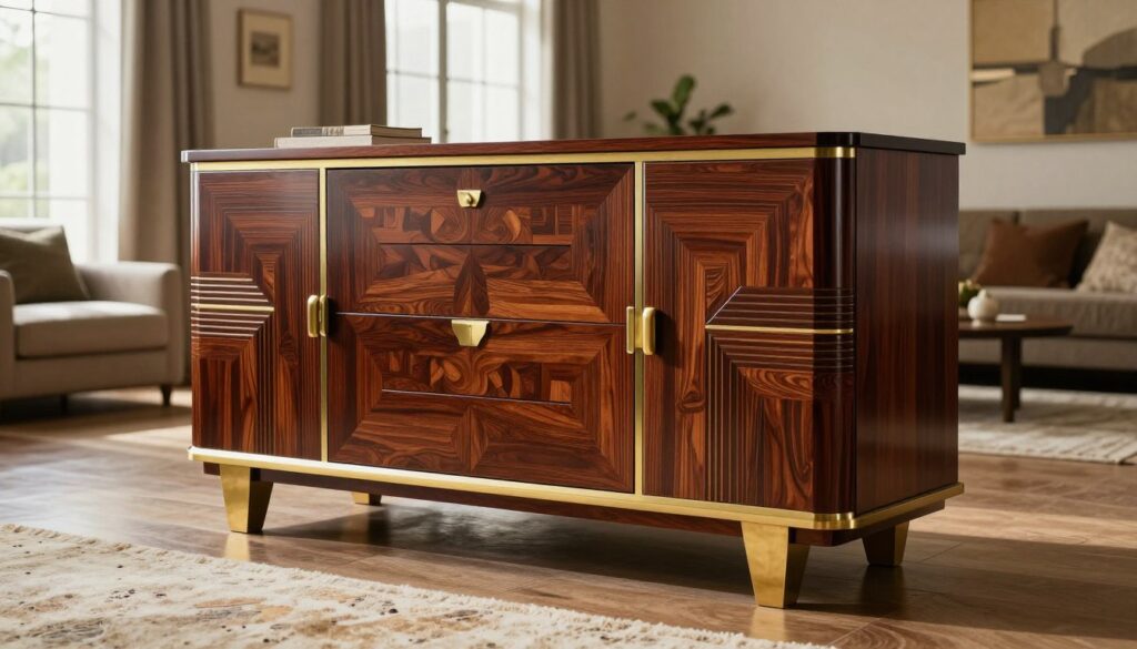 An elegant Art Deco komoda, showcasing a stunning geometric design with rich mahogany and brass accents. The komoda features sharp angles, bold lines, and a sleek silhouette, adorned with intricate carvings and patterns that reflect the opulence of the era. In the background, a stylish, softly lit living room setting creates a warm and inviting atmosphere, with plush rugs and tasteful decor. Natural light streams in through large windows, casting gentle reflections on the polished surface of the komoda. The scene is captured from a low angle to emphasize the komoda's grandeur, inviting the viewer to appreciate its artistic value and sophisticated charm. The overall mood is refined, luxurious, and timeless, embodying the essence of Art Deco elegance. An elegant Art Deco komoda, showcasing a stunning geometric design with rich mahogany and brass accents. The komoda features sharp angles, bold lines, and a sleek silhouette, adorned with intricate carvings and patterns that reflect the opulence of the era. In the background, a stylish, softly lit living room setting creates a warm and inviting atmosphere, with plush rugs and tasteful decor. Natural light streams in through large windows, casting gentle reflections on the polished surface of the komoda. The scene is captured from a low angle to emphasize the komoda's grandeur, inviting the viewer to appreciate its artistic value and sophisticated charm. The overall mood is refined, luxurious, and timeless, embodying the essence of Art Deco elegance.