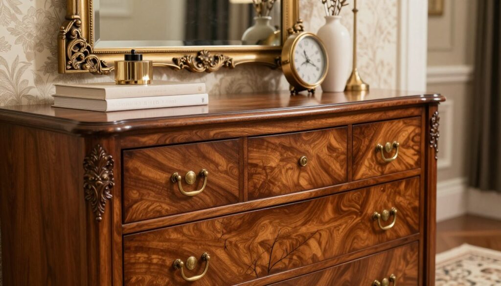 An elegant New York-style dresser showcased in a luxurious interior setting. The foreground features the dresser, made of rich mahogany wood, adorned with intricate carvings and a polished brass handle. The middle section includes stylish decorative elements like a vintage mirror and tasteful accessories, adding to the sophistication. Soft, warm lighting enhances the wood's rich tones, while soft shadows create depth. In the background, a plush rug and classy wallpaper complement the scene, emphasizing the elegance. The camera angle is slightly elevated to capture the details and proportions, with a depth of field that softly blurs the background, keeping the focus on the dresser. The overall mood is refined and inviting, evoking a sense of upscale urban living.