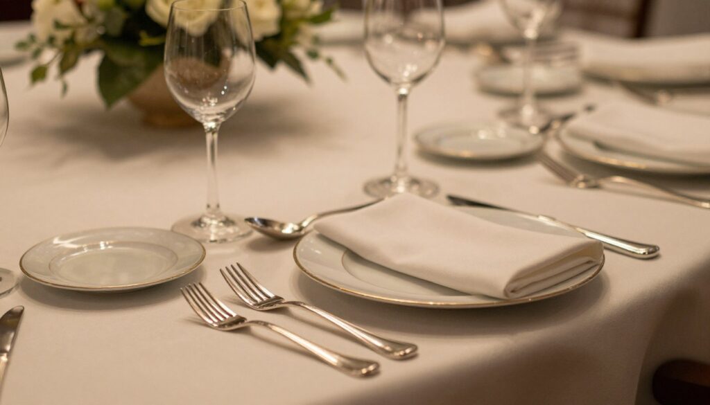 An elegant dining table set for a formal occasion, showcasing a meticulously arranged assortment of cutlery, including forks, knives, and spoons, displayed in a precise manner. The foreground features gleaming silver cutlery neatly lined up beside fine porcelain plates. In the middle, a beautifully folded napkin adds a touch of sophistication, while delicate wine glasses catch the ambient light. Soft, warm lighting bathes the scene, creating an inviting atmosphere that conveys the art of communication at the dining table. The background subtly includes an out-of-focus floral centerpiece, enhancing the elegance of the setting. Capture this scene from a slightly elevated angle to emphasize the arrangement, focusing on the details and overall harmony of the elements in the composition.