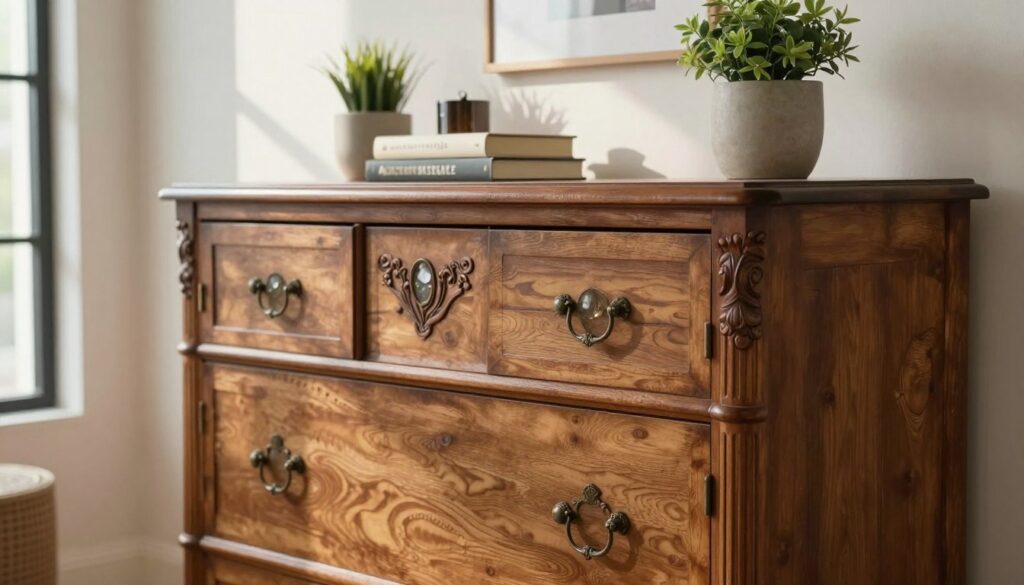 An elegant, vintage wooden kredens with ornate carvings, showcasing its detailed craftsmanship, prominently displayed in a well-lit, modern interior. In the foreground, focus on the intricate handles and glass elements of the kredens, emphasizing its age and character. The middle ground reveals the kredens positioned against a light-colored wall with stylish decor items like plants and books, blending old charm with contemporary aesthetics. The background features soft natural light streaming through a window, casting gentle shadows and highlighting the warm wood tones. The atmosphere is inviting and creative, suggesting a space ripe for restoration and innovation. An elegant, vintage wooden kredens with ornate carvings, showcasing its detailed craftsmanship, prominently displayed in a well-lit, modern interior. In the foreground, focus on the intricate handles and glass elements of the kredens, emphasizing its age and character. The middle ground reveals the kredens positioned against a light-colored wall with stylish decor items like plants and books, blending old charm with contemporary aesthetics. The background features soft natural light streaming through a window, casting gentle shadows and highlighting the warm wood tones. The atmosphere is inviting and creative, suggesting a space ripe for restoration and innovation.