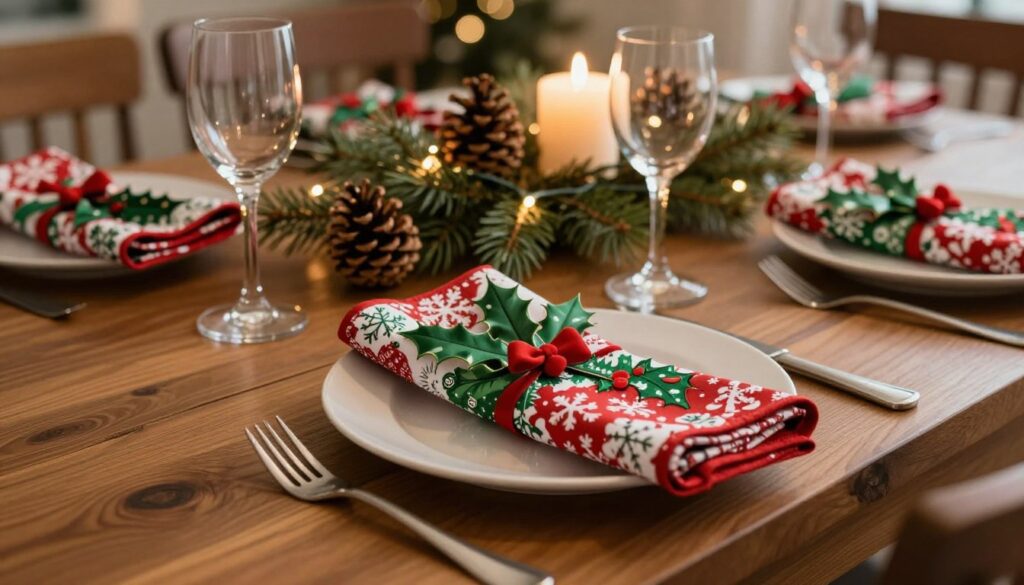 An elegantly set festive table showcasing beautifully folded Christmas napkins, arranged with care. In the foreground, the napkins are embellished with intricate patterns of holly and snowflakes, vibrant red and green hues adding warmth. The middle ground features a polished wooden table decorated with a sparkling centerpiece of pinecones, evergreen branches, and soft white candles. In the background, soft holiday lights twinkle gently, enhancing the cozy atmosphere. The scene is softly illuminated with warm lighting, creating a welcoming glow. The angle is slightly elevated, capturing the detailed arrangement of the table setting. This image evokes a sense of warmth and celebration, perfect for a festive dining experience.