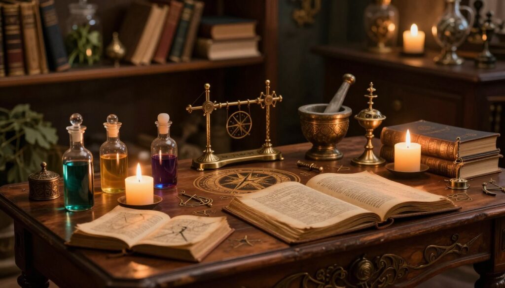 An enchanting alchemical table set in a dimly lit, atmospheric room. In the foreground, a beautifully crafted wooden table, covered in various antique alchemical texts, glass vials filled with colorful liquids, and a small, flickering candle casting warm light. The middle ground features intricately designed metallic instruments, including a mortar and pestle, as well as astrological symbols etched into the table surface. In the background, shelves lined with old books, jars of herbs, and mystical artifacts add depth. Soft shadows and a golden hue from the candlelight create a magical, mysterious ambiance, inviting the viewer to explore the secrets of alchemy. Shot with a shallow depth of field to focus on the table while softly blurring the background for an immersive effect. An enchanting alchemical table set in a dimly lit, atmospheric room. In the foreground, a beautifully crafted wooden table, covered in various antique alchemical texts, glass vials filled with colorful liquids, and a small, flickering candle casting warm light. The middle ground features intricately designed metallic instruments, including a mortar and pestle, as well as astrological symbols etched into the table surface. In the background, shelves lined with old books, jars of herbs, and mystical artifacts add depth. Soft shadows and a golden hue from the candlelight create a magical, mysterious ambiance, inviting the viewer to explore the secrets of alchemy. Shot with a shallow depth of field to focus on the table while softly blurring the background for an immersive effect.
