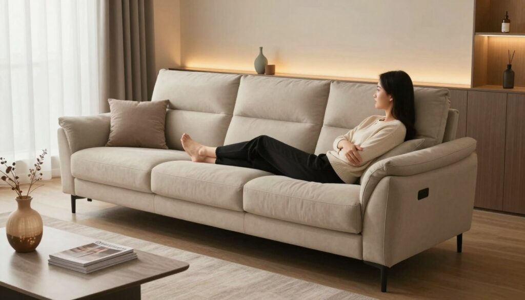 An ergonomically designed corner sofa, showcasing its sleek lines and plush cushions, sits prominently in a cozy, modern living room. The foreground features soft textures and inviting fabrics, with a person dressed in smart casual attire comfortably lounging against the supportive backrest, demonstrating perfect posture. In the middle ground, a low coffee table holds a decorative vase and a stack of stylish magazines. The background features a tastefully decorated wall with warm, ambient lighting that enhances the room's welcoming atmosphere. Natural light filters through sheer curtains, creating a serene and relaxed mood, emphasizing the sofa’s role in leisure and comfort. The focus is on how the sofa integrates harmoniously into a stylish living space.