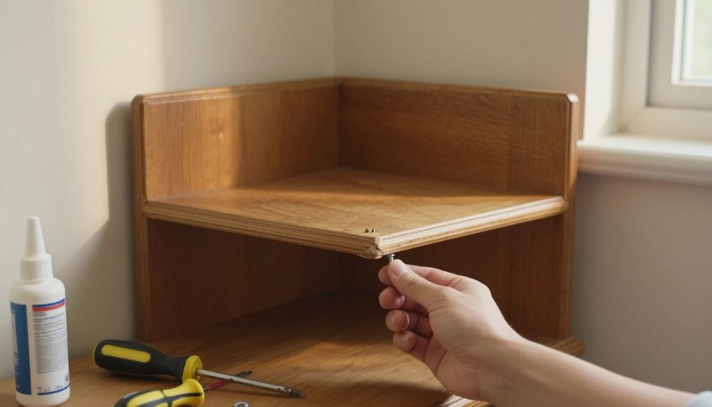 An interior scene focusing on a corner of a living room with a visibly creaky wooden corner shelf or furniture piece. The foreground features a close-up of a hand adjusting a screw on the corner, showing tools like a screwdriver and lubricant nearby. In the middle ground, the full view of the ornate wooden corner shelf displays slight wear and tear, hinting at its age and the cause of the creaking. The background includes soft, warm lighting emanating from a nearby window, casting gentle shadows, enhancing the cozy feel of the room. The ambiance is calm and inviting, portraying a sense of DIY repair and home improvement. The image captures both the technical and aesthetic aspects of tackling the challenge of a creaky corner. An interior scene focusing on a corner of a living room with a visibly creaky wooden corner shelf or furniture piece. The foreground features a close-up of a hand adjusting a screw on the corner, showing tools like a screwdriver and lubricant nearby. In the middle ground, the full view of the ornate wooden corner shelf displays slight wear and tear, hinting at its age and the cause of the creaking. The background includes soft, warm lighting emanating from a nearby window, casting gentle shadows, enhancing the cozy feel of the room. The ambiance is calm and inviting, portraying a sense of DIY repair and home improvement. The image captures both the technical and aesthetic aspects of tackling the challenge of a creaky corner.