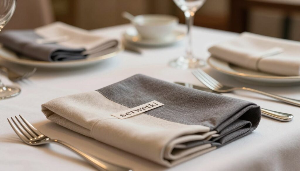 Beautifully arranged table setting showcasing elegant napkins ("serwetki") folded into intricate designs. In the foreground, focus on the detailed textures and colors of the fabric, highlighting various gramatures. The middle ground reveals an inviting dining arrangement with polished cutlery and fine china, emphasizing the importance of napkin placement for aesthetic appeal and functionality. The background features soft, ambient lighting that creates a warm and sophisticated atmosphere, enhancing the elegance of the table setup. A shallow depth of field subtly blurs the surrounding elements, drawing attention to the craftsmanship of the napkin folds. The image conveys a sense of refinement and care in table presentation, ideal for a stylish dining experience.