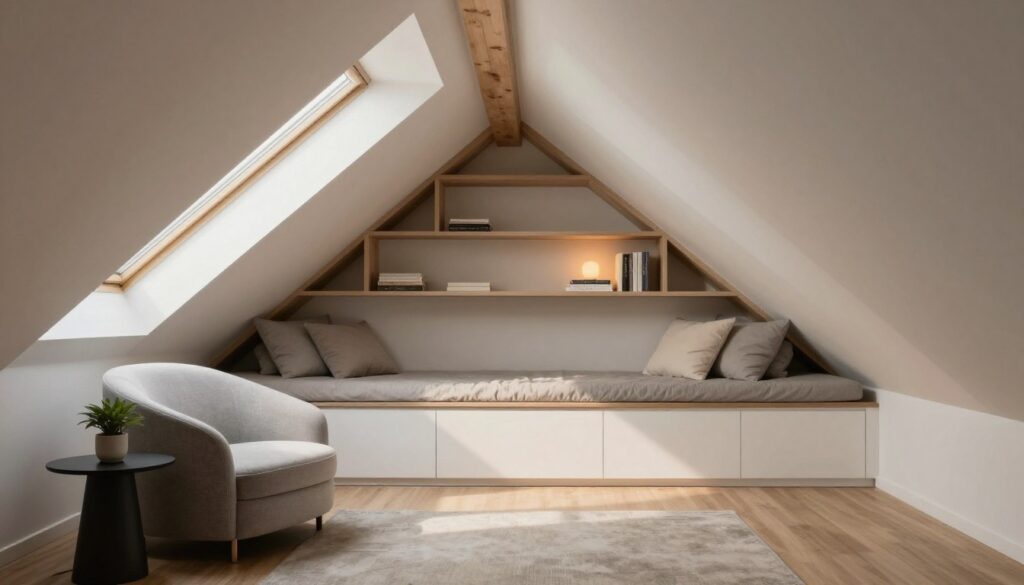 Contemporary attic furniture designed for unique angles and niches, featuring a cozy reading nook with modern, fitted shelves and soft pillows, nestled under sloped ceilings. The foreground showcases a stylish armchair, accompanied by a sleek side table and a small potted plant. In the middle, custom-built cabinetry lines the walls, seamlessly fitted into the irregular shapes of the space. The background reveals a warm light filtering through a skylight, casting soft shadows and highlighting the textures of wooden beams. The atmosphere exudes a blend of comfort and sophistication, ideal for maximizing functionality in an unconventional layout. The color palette includes soft whites, warm grays, and natural wood tones, creating a serene, inviting space. Contemporary attic furniture designed for unique angles and niches, featuring a cozy reading nook with modern, fitted shelves and soft pillows, nestled under sloped ceilings. The foreground showcases a stylish armchair, accompanied by a sleek side table and a small potted plant. In the middle, custom-built cabinetry lines the walls, seamlessly fitted into the irregular shapes of the space. The background reveals a warm light filtering through a skylight, casting soft shadows and highlighting the textures of wooden beams. The atmosphere exudes a blend of comfort and sophistication, ideal for maximizing functionality in an unconventional layout. The color palette includes soft whites, warm grays, and natural wood tones, creating a serene, inviting space.